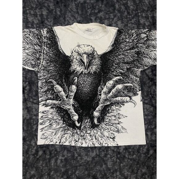 Vintage Bald Eagle Single Stitch All Over Print T-Shirt AOP XLarge Black White - Picture 2 of 11